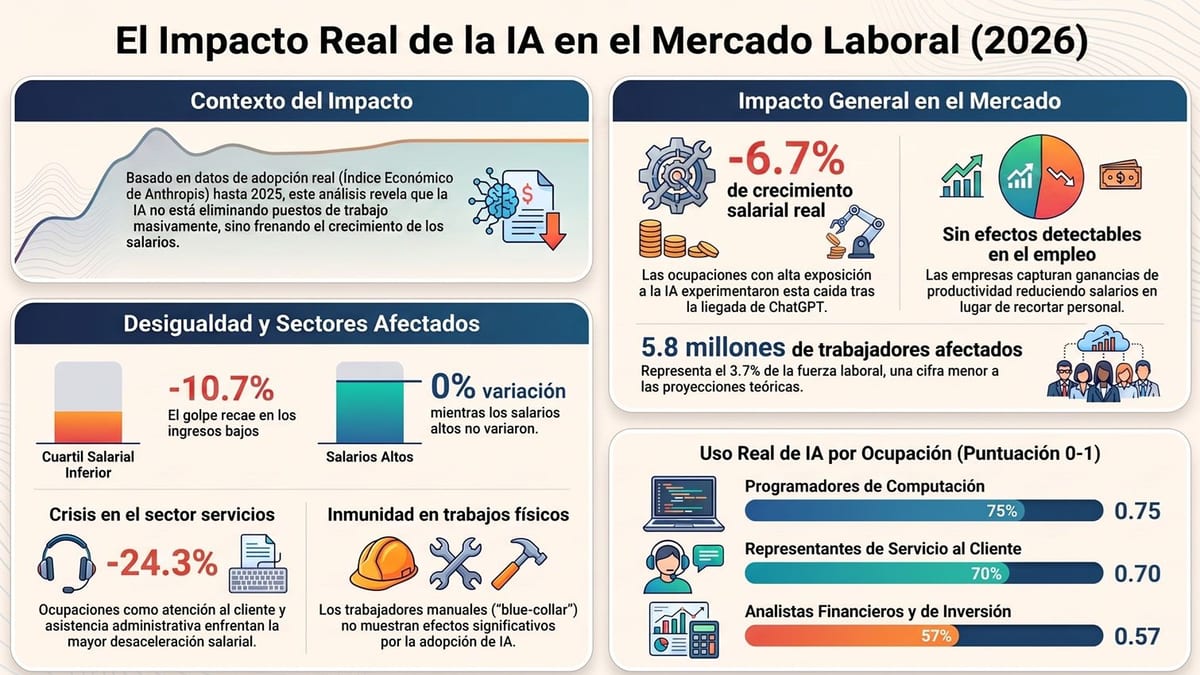 Fotografía que ilustra la noticia: La IA presiona los salarios bajos antes que destruir empleo, según un análisis